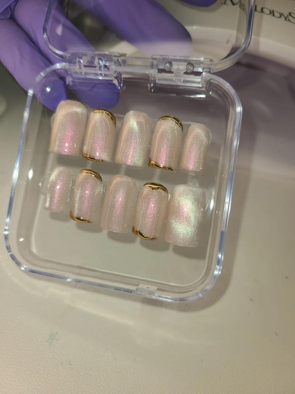 Size (S) Pearlescent Pink Press-On Nails with Gold Trim – Ready-to-Wear Set